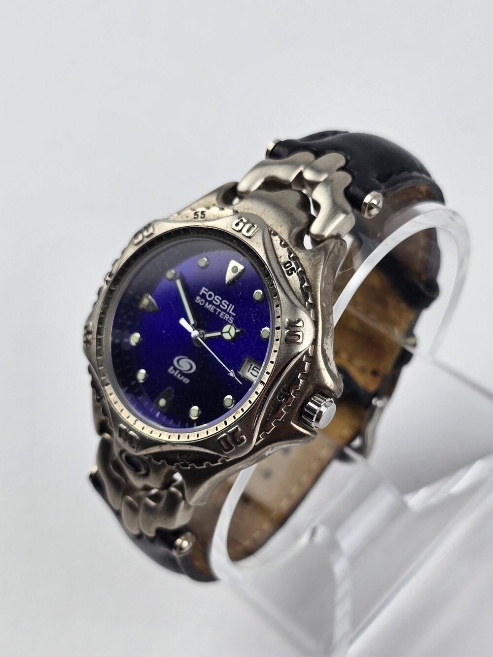 Fossil Blue AM-3189 Mens 40mm Blue Dial Quartz Watch Leather & Chrome -new batt.
